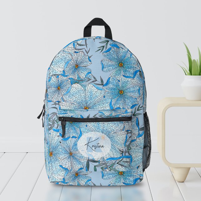 Sac À Dos Imprimé Aquarelle et Encre Bohème Bleu Fleurs (Créateur téléchargé)