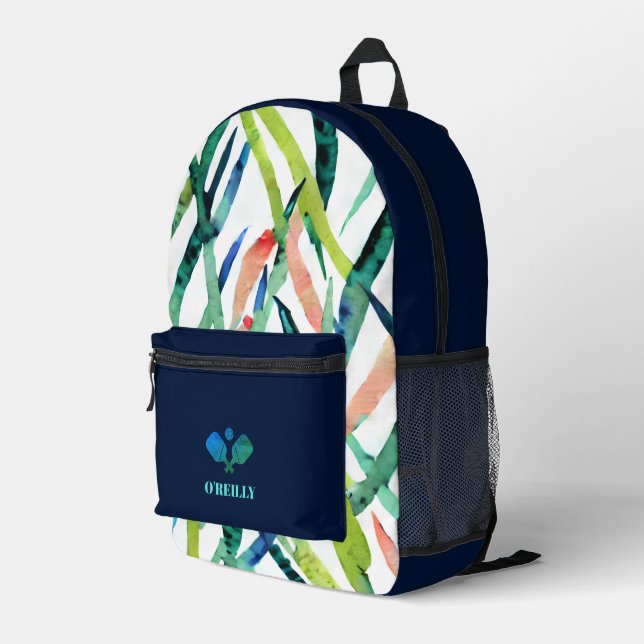 Sac À Dos Imprimé Aquarelle Feuilles Moderne Monogramme Pickleball (Coin arrière droit)