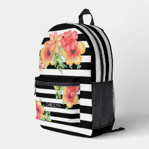 Sac À Dos Imprimé Aquarelle florale colorée Noir Blanc Art rayures