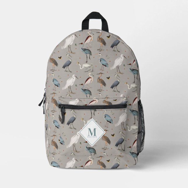 Sac À Dos Imprimé Aquarelle Heron Bird Egret Nature Monogramme (Recto)