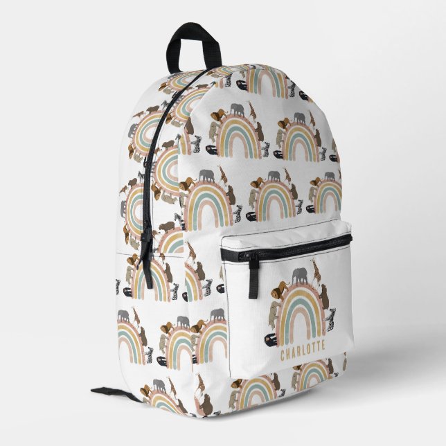 Sac À Dos Imprimé Aquarelle Rainbow Jungle Animaux Nom personnalisé (Coin arrière gauche)