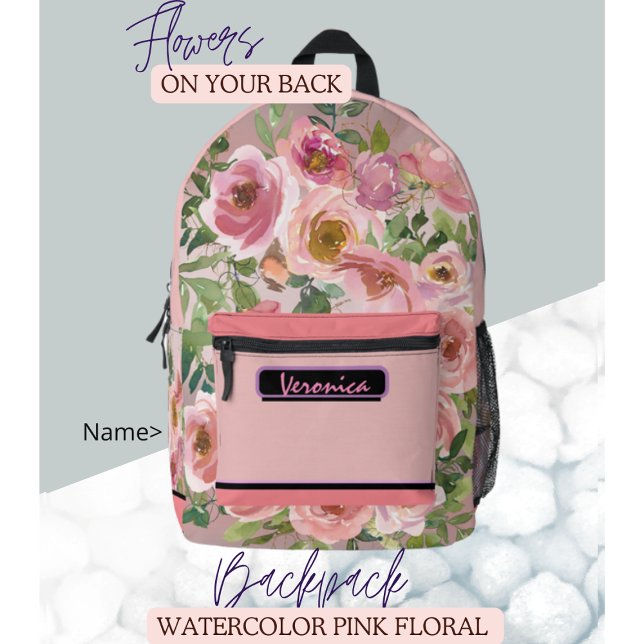Sac À Dos Imprimé Aquarelle rose floral (Watercolor Pink Floral Printed Backpack , girly, pretty, great gift for Valentine, for school , work)