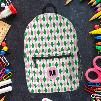 Sac À Dos Imprimé Argyle Préparatoire Rétro Rose Et Vert Monogramme