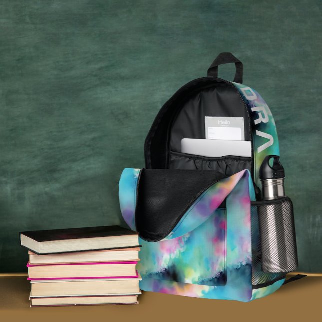 Sac À Dos Imprimé Artsy Turquoise Ocean Dream Et Nom Aquarelle (Créateur téléchargé)