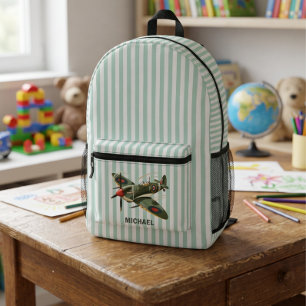 Sac À Dos Imprimé Avion Vintage Vert et Rayures Blanches Personnalis