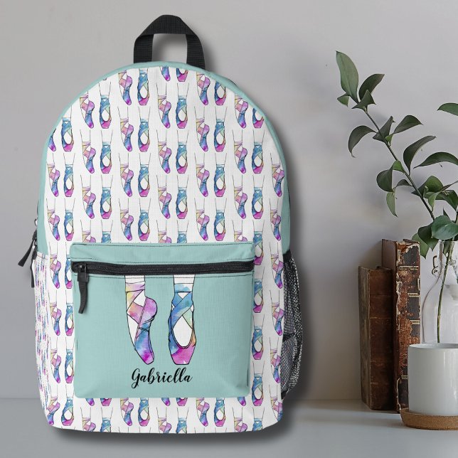 Sac À Dos Imprimé Ballet de nom personnalisé (Cute Blue Pink Ballerina Shoes Watercolor Ballet Printed Backpack)