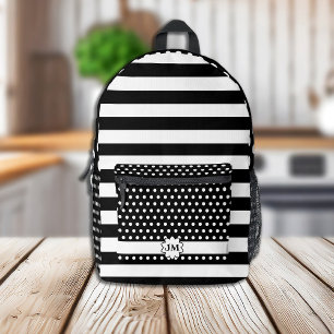Sac À Dos Imprimé Bandes et Pois noirs et blancs avec Monogramme