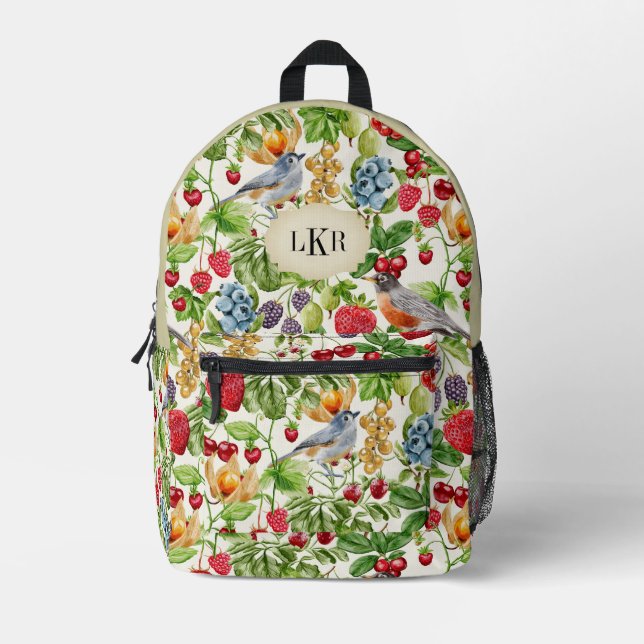 Sac À Dos Imprimé Berries et oiseaux Motif 3 lettres Monogramme (Recto)