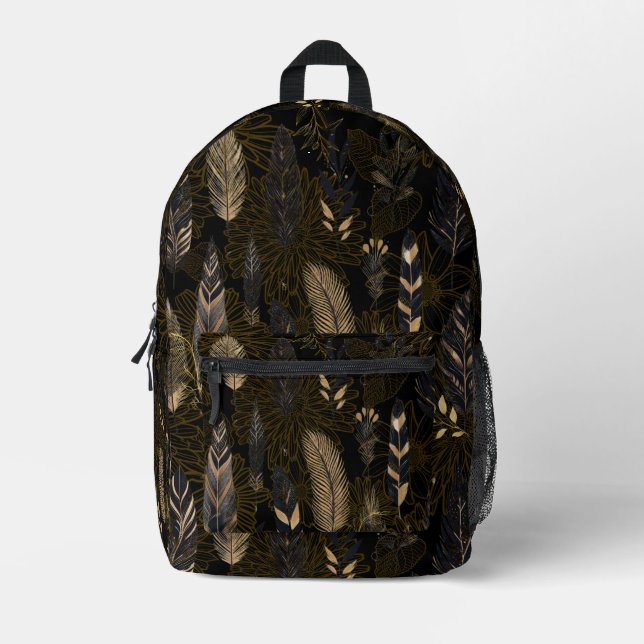 Sac À Dos Imprimé Black and Gold Feather Printed Backpack (Recto)