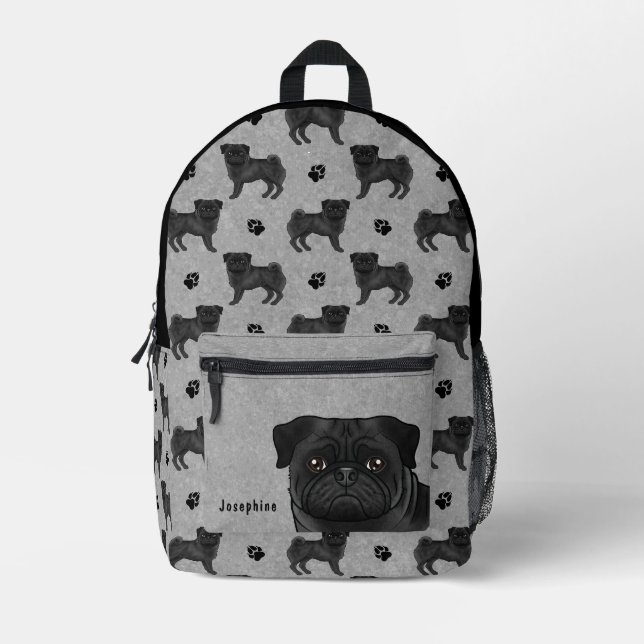 Sac À Dos Imprimé Black Carlin Chien Mops Design Motif Avec Nom Grey (Recto)