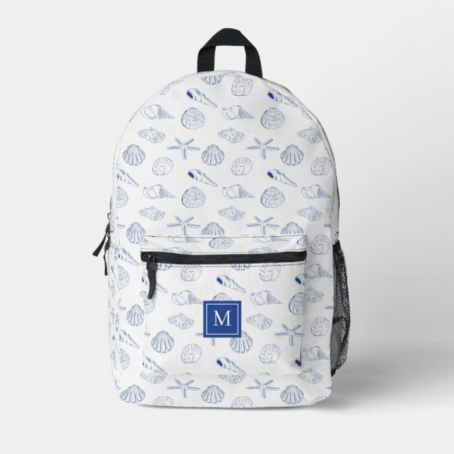 Sac À Dos Imprimé Bleu blanc Main dessinée Sea Shells Plage Été (Recto)