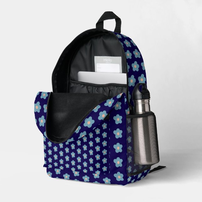 Sac À Dos Imprimé Bleu doux fleuris sur la marine (Coin arrière droit (ouvert))