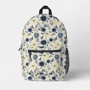 Sac À Dos Imprimé Bleu et Crème Art Populaire Fleurs de Prairie
