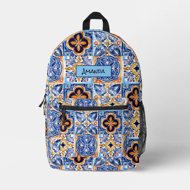 Sac À Dos Imprimé Bleu sicilien Bleu blanc céramique méditerranéenne (Recto)