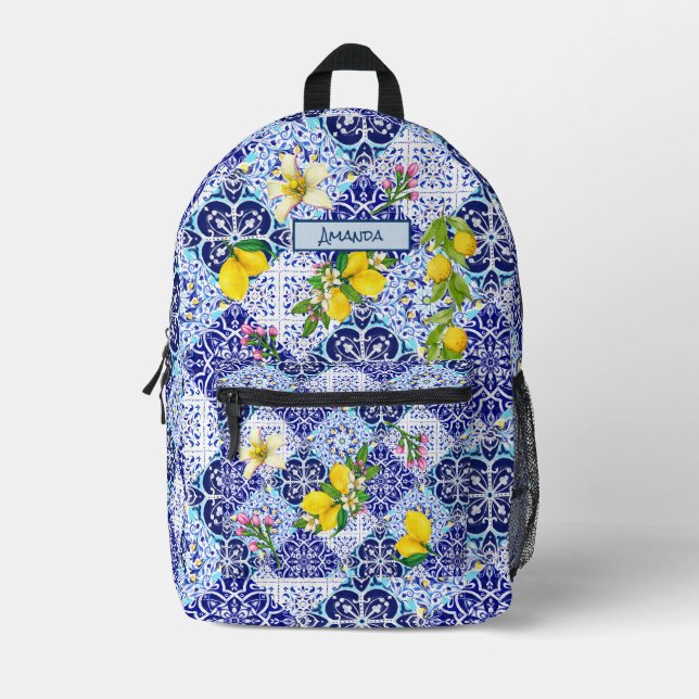 Sac À Dos Imprimé Bleu sicilien carreaux céramiques d'agrumes médite (Recto)