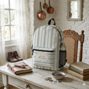 Sac À Dos Imprimé Bleu vintage et rayures crème, style campagne fran