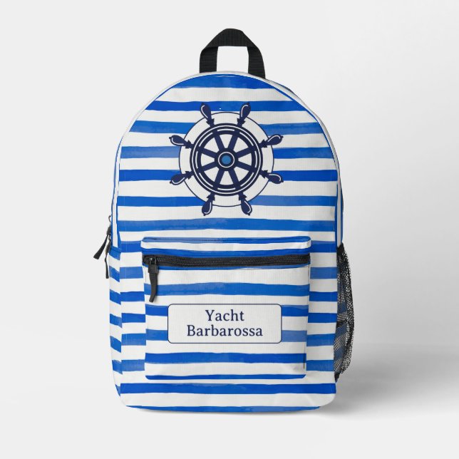 Sac À Dos Imprimé Blue White Stripes, Helm, Boat Name (Recto)