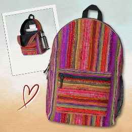 Sac À Dos Imprimé Boho Vintage Rouge Violet Rayures -