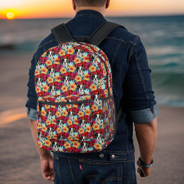 Sac À Dos Imprimé Bulldog et Hibiscus Tropical Orange Rouge Patterh