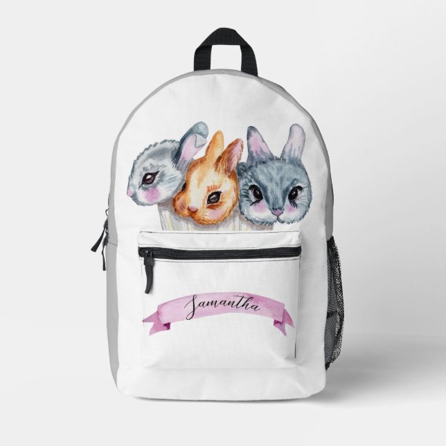 SAC À DOS IMPRIMÉ BUNNIES CUTES BANNIES ROSES GRAY BLANC NOM PERSONN (Recto)
