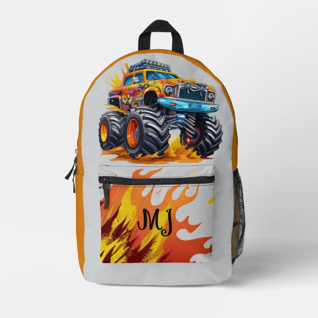 Sac À Dos Imprimé Camion Monster Enfants avec flammes orange Initial (Recto)