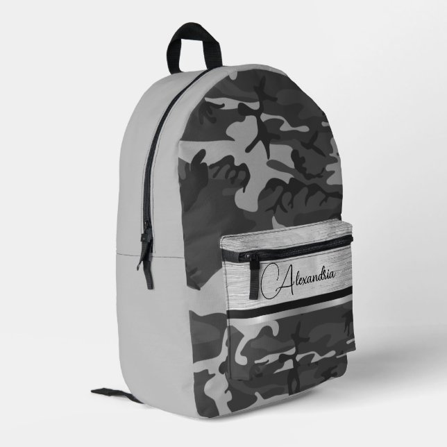 Sac À Dos Imprimé Camo Argent Noir Chimmery Chic Personnalisé (Coin arrière gauche)