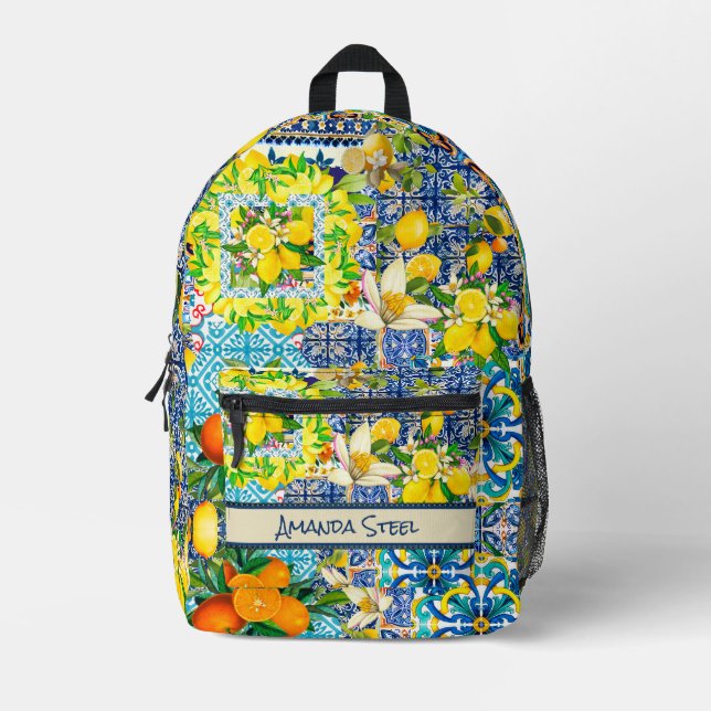 Sac À Dos Imprimé Carreaux fleuris d'agrumes siciliens bleu chic (Recto)
