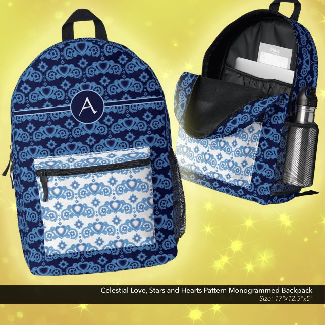 Sac À Dos Imprimé Celestial Love Stars Coeurs Motif Monogramme (Celestial Love, Stars and Hearts Pattern, Monogrammed Backpack in Dark Blue and White.)