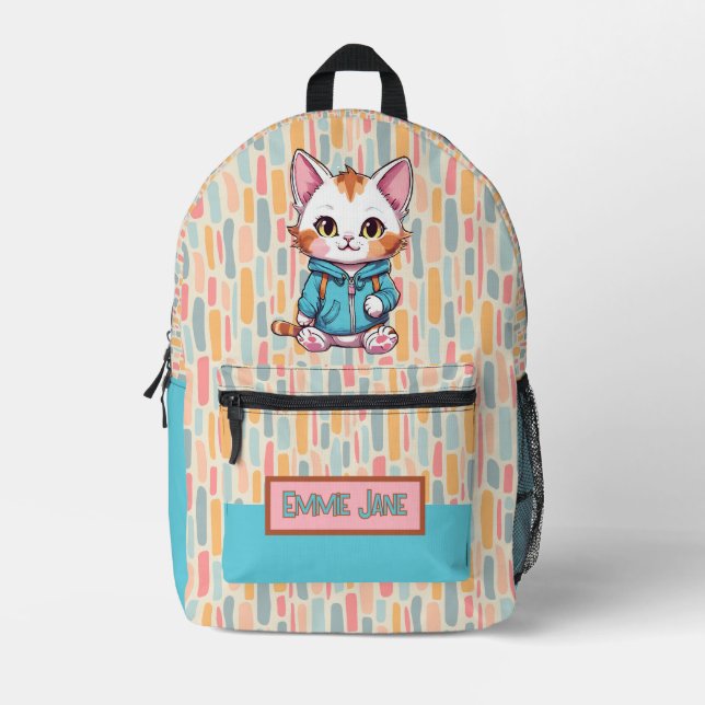 Sac À Dos Imprimé Chat enfant mignon rose et bleu (Recto)