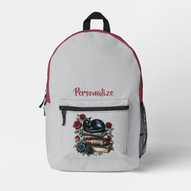 Sac À Dos Imprimé Chat noir gothique Livres mystiques & Roses rouges (Recto)
