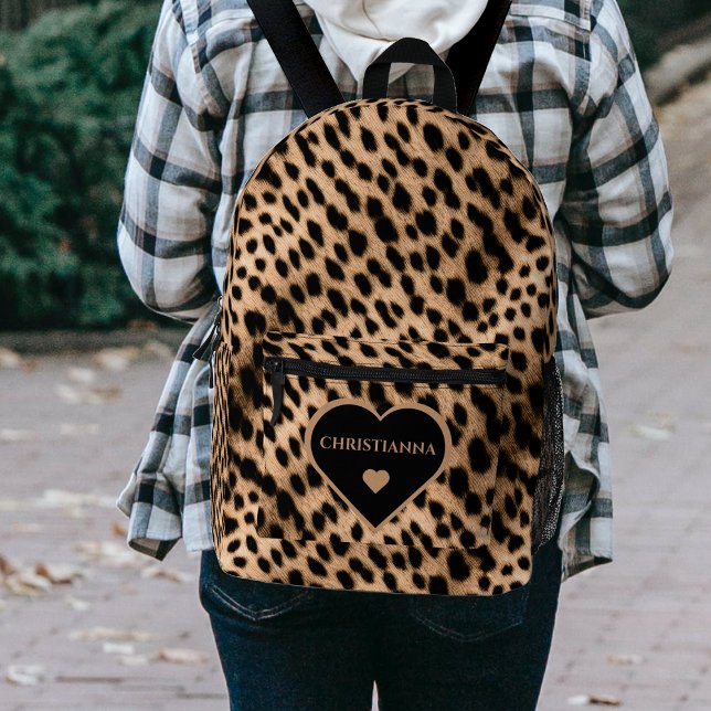 Sac À Dos Imprimé Cheetah Imprimer Motif Tan Brown & Coeur noir (Cheetah Print Pattern Tan Brown & Black Heart Printed Backpack)