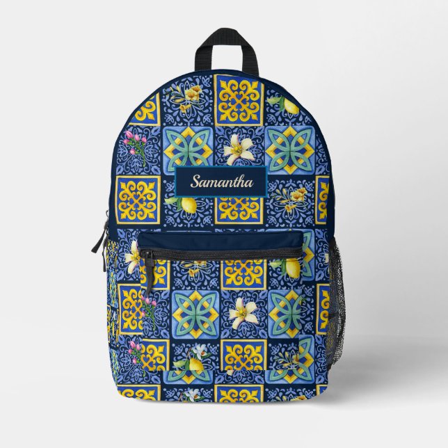 Sac À Dos Imprimé Chic Bleu turquoise Sicilien agrumes méditerranéen (Recto)