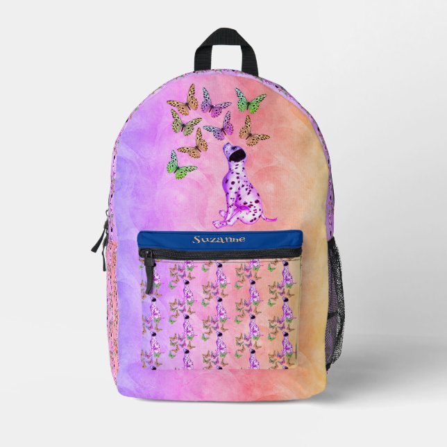 Sac À Dos Imprimé Chiot et papillons Dalmatiens personnalisés (Recto)