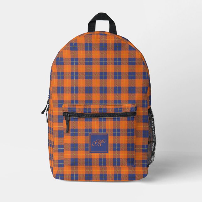 Sac À Dos Imprimé Citrouille orange bleu Tartan Plaid Monogramme (Recto)