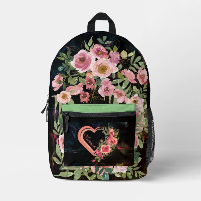 Sac À Dos Imprimé Coeur rose sur noir (Recto)