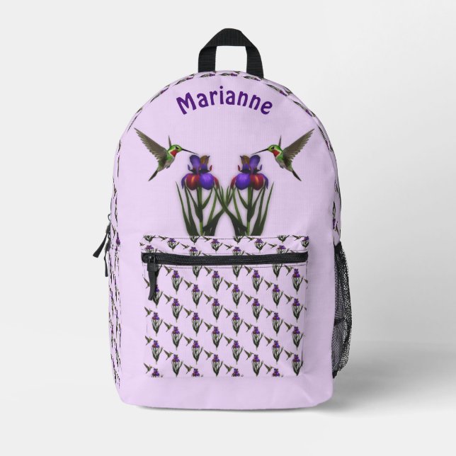 Sac À Dos Imprimé Colibri Et Fleur Iris Personnalisés (Recto)
