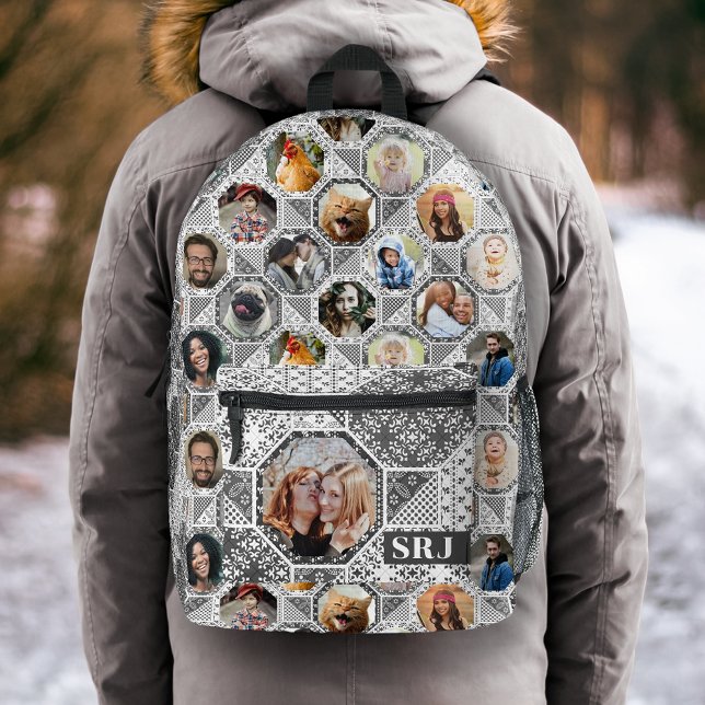 Sac À Dos Imprimé Collage photo famille Easy Grey Quilt Look Monogra (Créateur téléchargé)