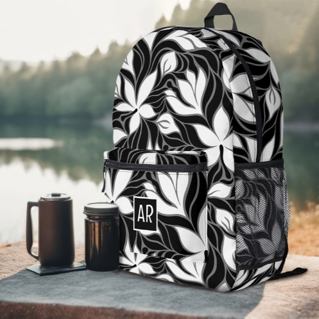 Sac À Dos Imprimé Cool noir blanc moderne motif floral Monogramme (Cool Black White Modern Floral Pattern Monogrammed Printed Backpack
)