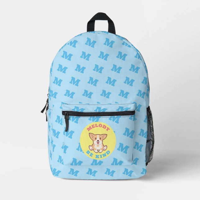 Sac À Dos Imprimé Corgi Monogramme Motif Bleu Cute Moderne (Recto)