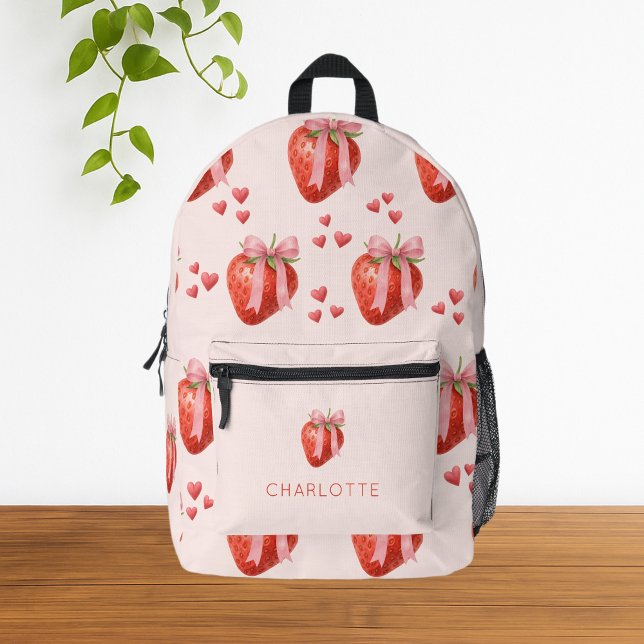 Sac À Dos Imprimé Couleur d'eau mignonne Bow Coquette Motif (Cute Girly Pastel Pink Watercolor Strawberry Coquette Backpack)