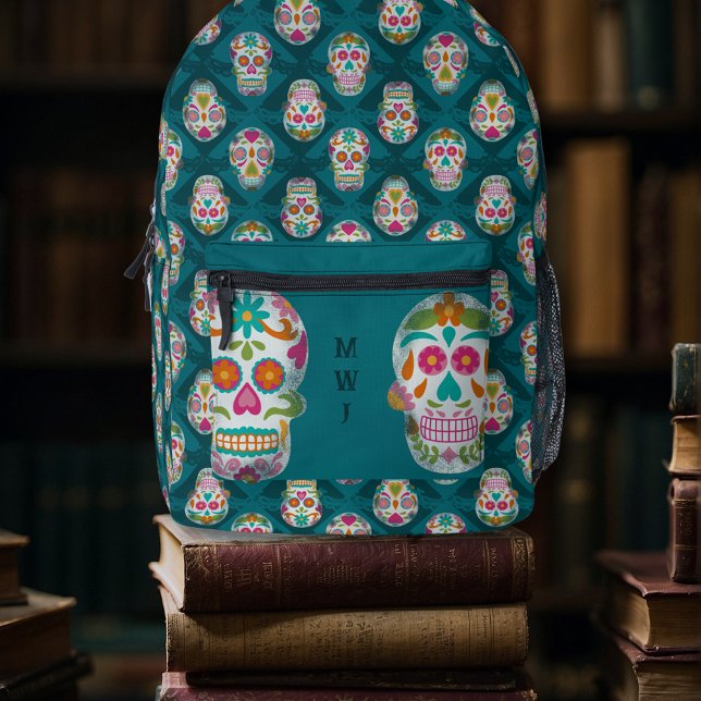 Sac À Dos Imprimé Crânes de sucre Dia De Los Muertos Monogramme (Créateur téléchargé)