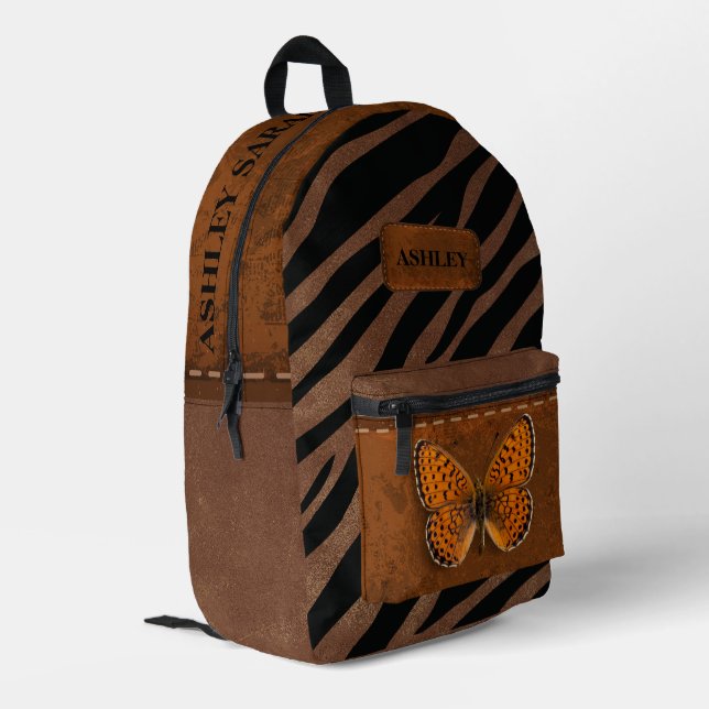Sac À Dos Imprimé Cuir unique personnalisé Zèbre et papillon (Coin arrière gauche)