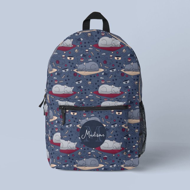 Sac À Dos Imprimé Cuisine & Cosy Sleepy Cat Dreams Motif & Monogram (Sleeping Cats Backpack with Monogram)
