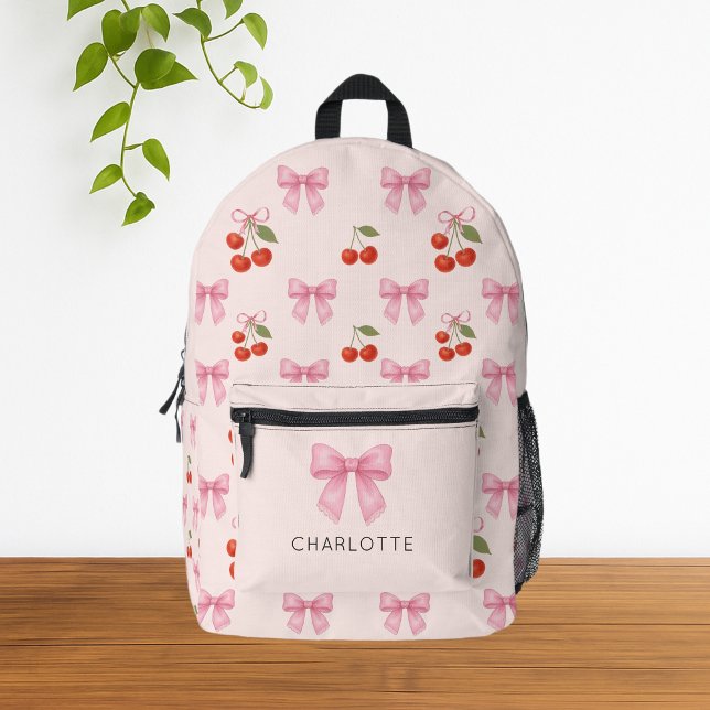 Sac À Dos Imprimé Cute Aquarelle Cerry Bow Coquette Motif (cute girly watercolor pink coquette bow cherry pattern backpack)