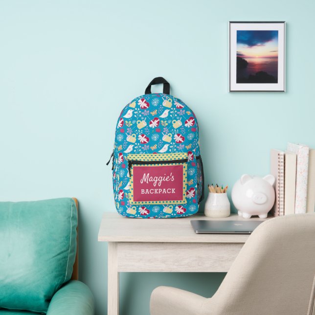 Sac À Dos Imprimé Cute Blue Retro Coeurs Oiseaux Mugs (Insitu)