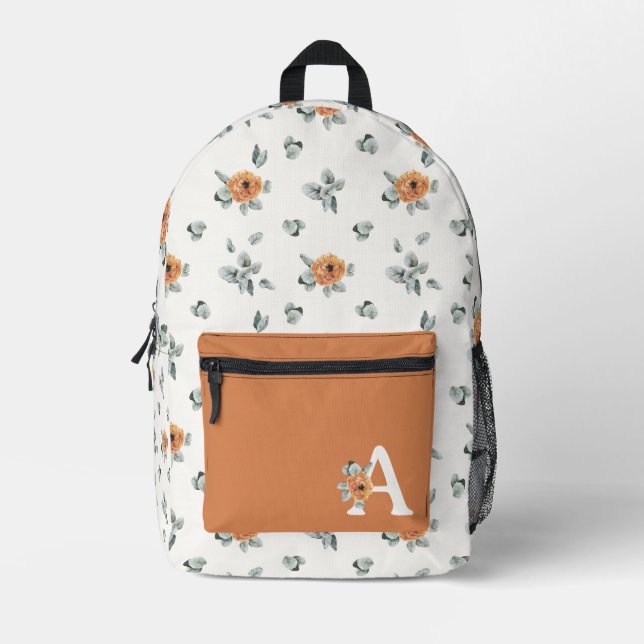 Sac À Dos Imprimé Cute Boho Terracotta Floral Verdure Monogramme (Recto)