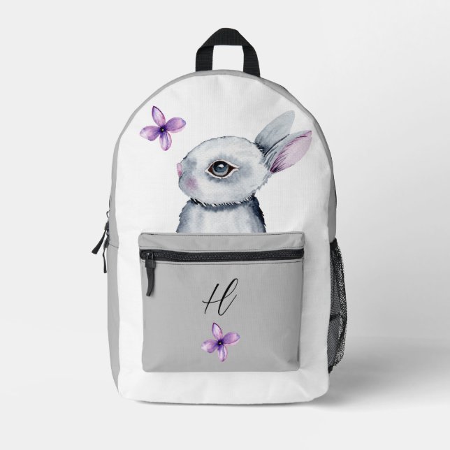 SAC À DOS IMPRIMÉ CUTE BUNNY VIOLET FLEURS GRAY BLANC NOM PERSONNALI (Recto)