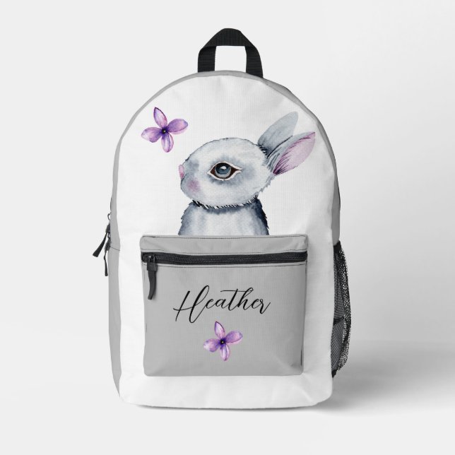 SAC À DOS IMPRIMÉ CUTE BUNNY VIOLET FLEURS GRAY BLANC NOM PERSONNALI (Recto)