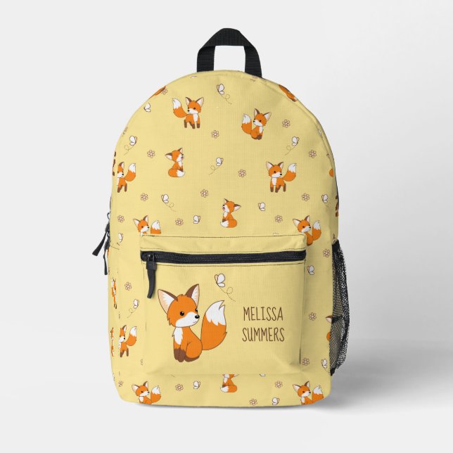 Sac À Dos Imprimé Cute Little Fox sur jaune Nom personnalisé (Recto)