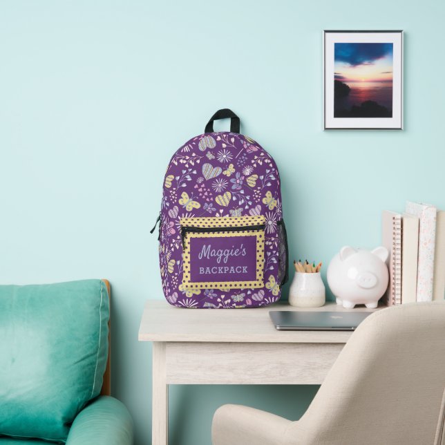 Sac À Dos Imprimé Cute Purple Coeurs Rétro Fleurs Papillons (Insitu)